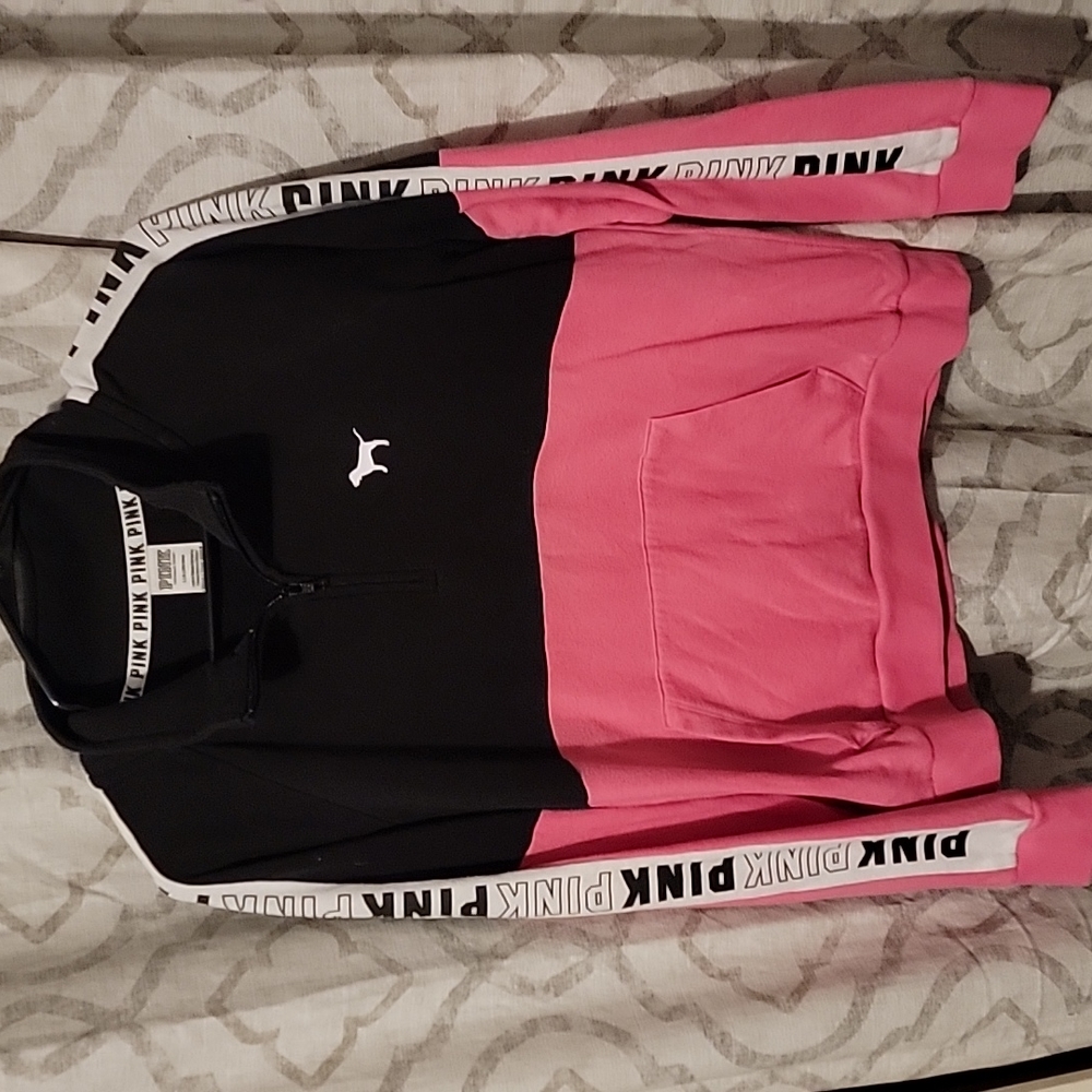 Women's VS Pink quarter zip pink and black sweatshirt size large.